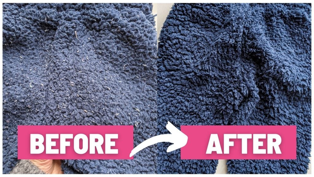before and after cleaning fuzzies and lint from matted down sherpa.
