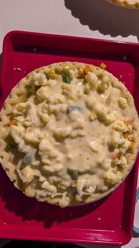 vegetable pot pie filld up with veggies and cream sauce.