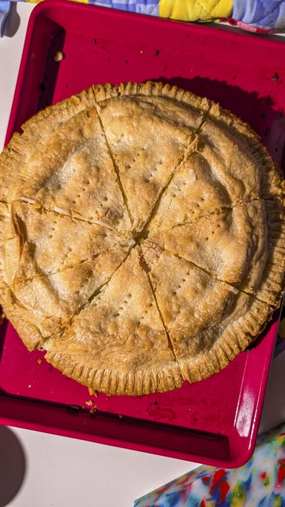 vegetable pot pie cut into 8 slices.