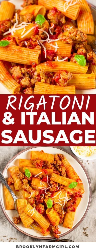 20 minute Rigatoni with Sausage recipe, made with Sweet Italian Sausage and peppers. Easy delicious pasta dinner made on the stove top, and has amazing leftovers for the next day!
