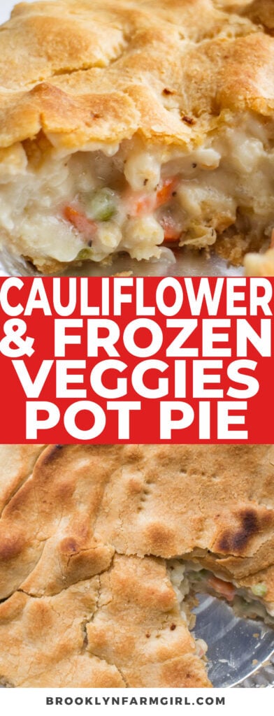 This Vegetable Pot Pie is made with fresh cauliflower and frozen mixed vegetables in pre-made pie crusts.  A simple cream sauce is poured on top of the veggies to hold it all together.   This tastes like chicken pot pie, but instead is filled with all vegetables.  It's comforting simple cooking that my family loves! 