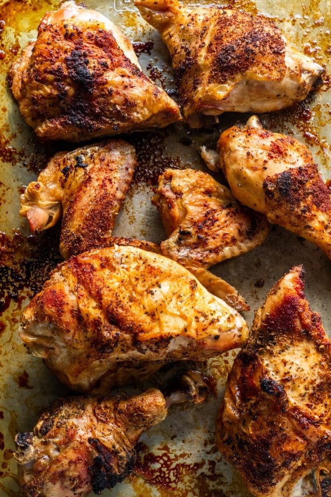 rotisserie chicken baked on a baking sheet.