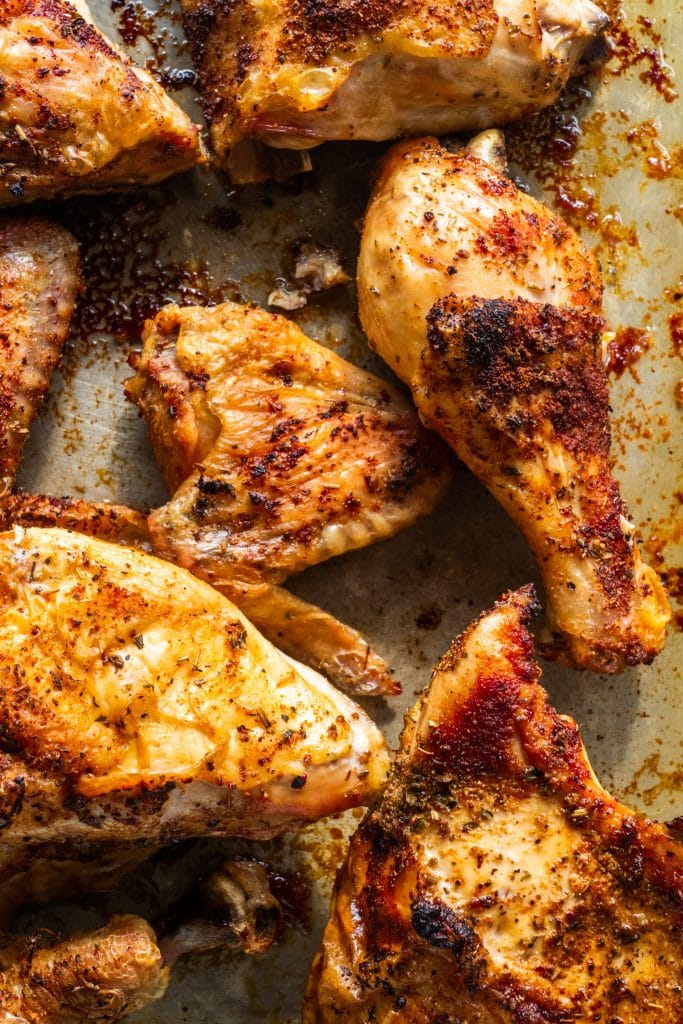 closeup of baked rotisserie chicken.