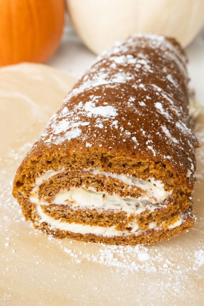 pumpkin roll presented on table. 