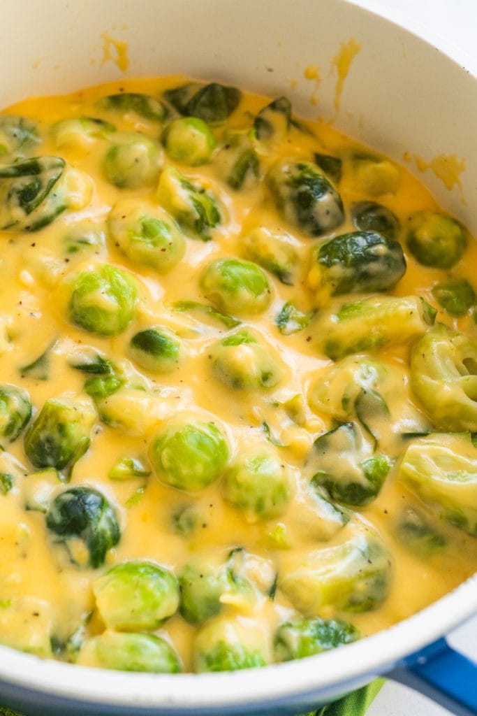 saucepan of cheesy brussels sprouts. 