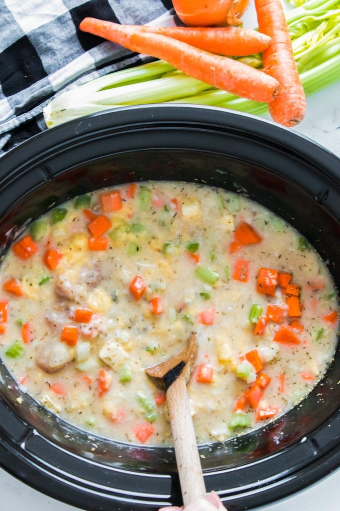 soup stirred in slow cooker to look creamy.