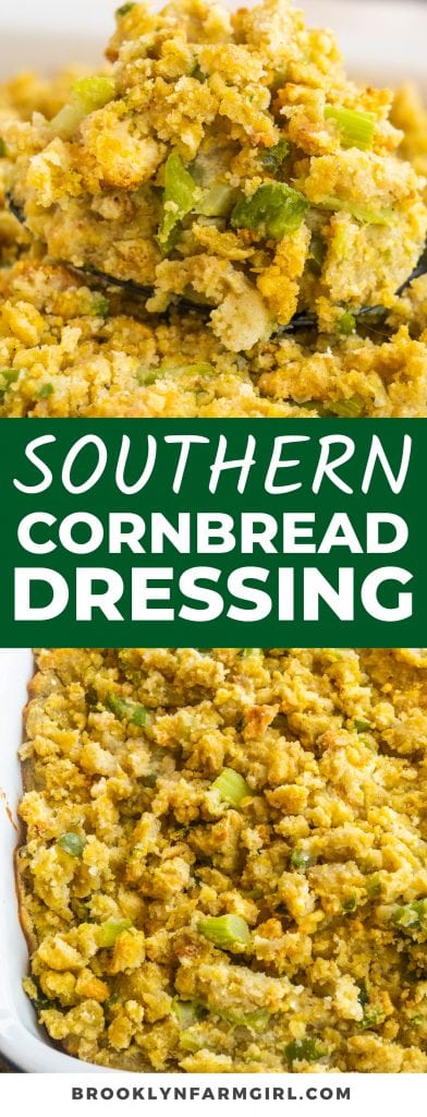 Southern Cornbread Dressing is so easy to make thanks to the packaged cornbread mix. Layered with crumbled cornbread, sauteed vegetables, chicken broth, and herbs, this classic Thanksgiving side dish is just as good as grandma’s recipe!