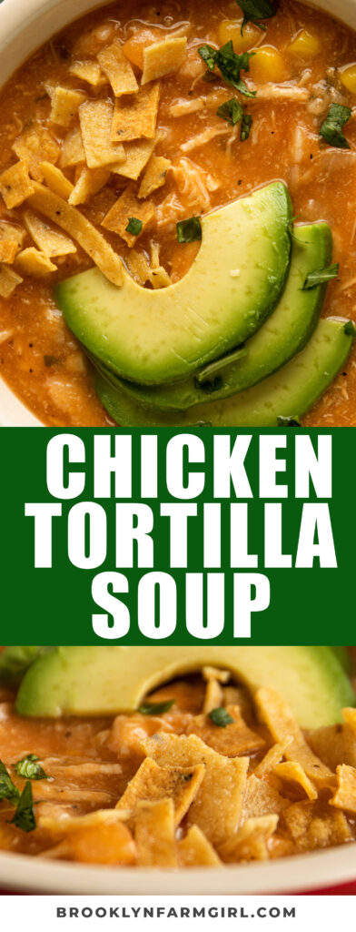 Easy to make stove top chicken tortilla soup packed with shredded chicken, beans and corn, cooked in a crushed tomato chicken broth.   Recipe based on my favorite NYC Mexican restaurant tortilla soup!