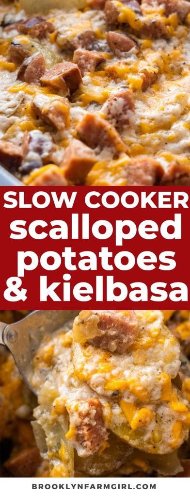 Easy to make slow cooker scalloped potatoes with kielbasa, ready in 4 hours.  This creamy crockpot recipe is an easy solution for a weeknight dinner.