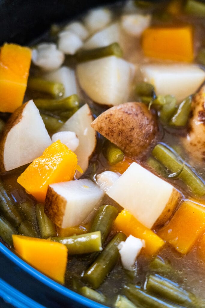 vegetables and broth in slow cooker. 