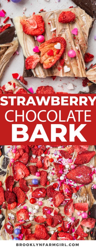 This berrylicious Strawberry Chocolate Bark is a perfect last-minute Valentine’s Day dessert both kids and adults will love. Every piece features semi-sweet and white chocolate swirls, freeze-dried strawberries, sea salt, and sprinkles. The sweet and salty flavors are impossible to resist!