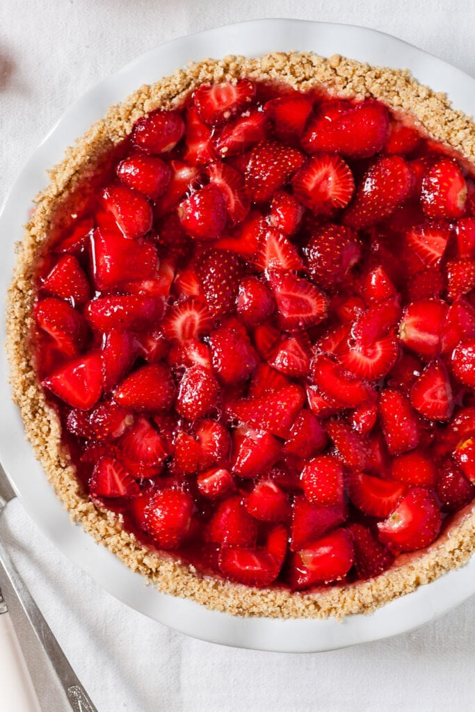 strawberry pie on table.