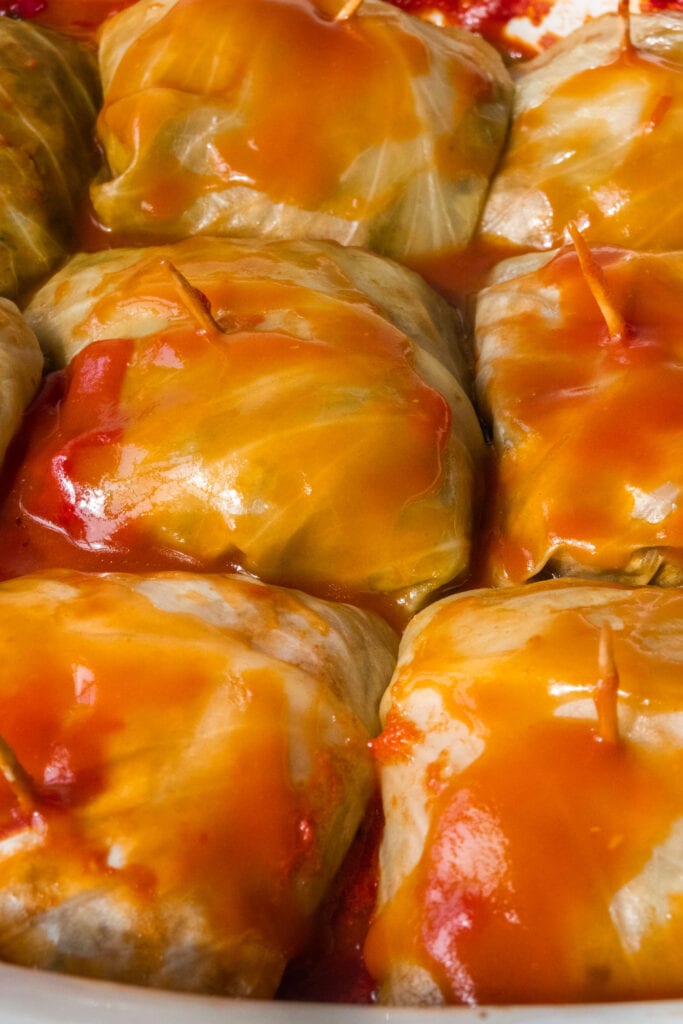closeup of baked cabbage rolls