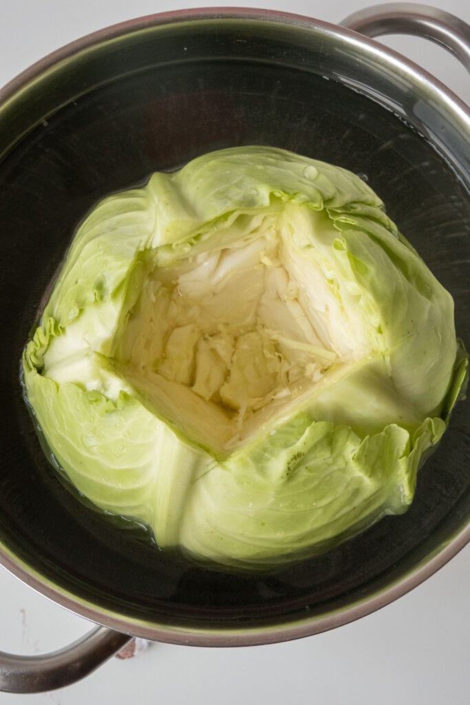 cabbage in pot of boiling water.