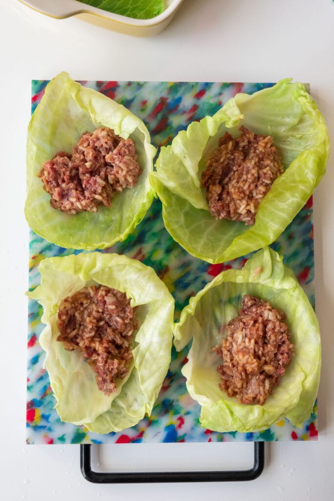 cabbage leaves filled with ground beef mixture.