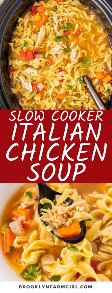 This easy Slow Cooker Italian Chicken Soup has all the elements of hearty comfort food, filled with fresh vegetables, shredded chicken meat, and egg noodles in a savory broth full of Italian flavors. It is also freezer-friendly, so you can easily add it to your weekly meal prep menu!