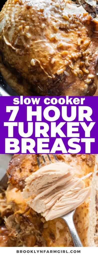 Easy 3 ingredient juicy turkey breast recipe, that takes 7 hours in the crockpot and only needs 3 ingredients. Perfect for Thanksgiving or any dinner!
