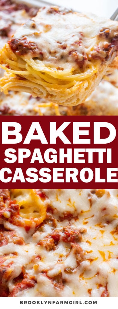 Hearty Baked Spaghetti Casserole made with spaghetti, ground beef, ricotta and shredded mozzarella cheese. Great for a big family meal and leftovers!