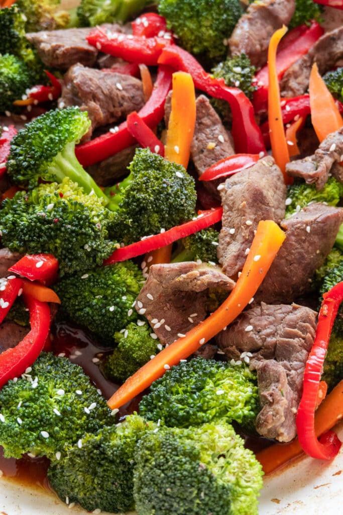 closeup of beef and broccoli dish.