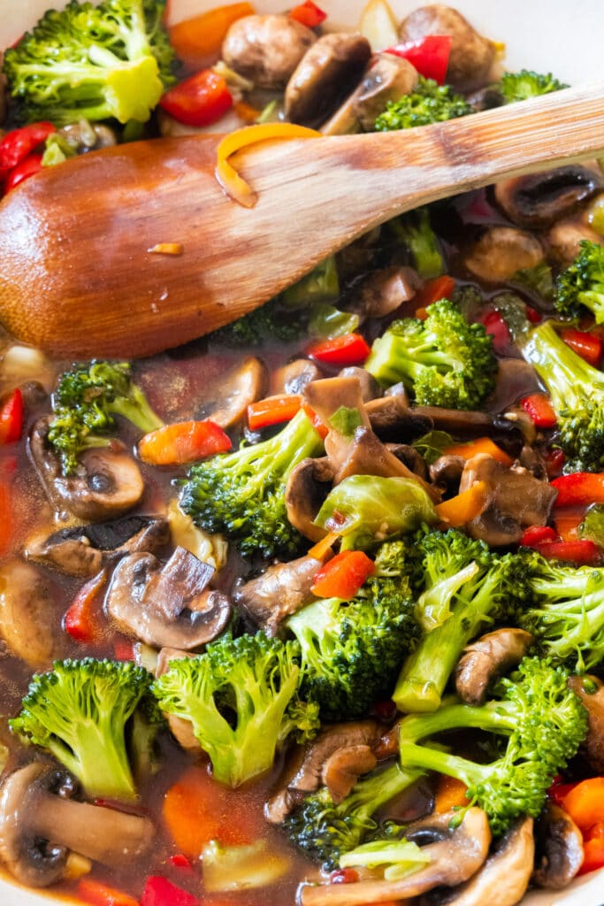 sauce in skillet with vegetables.