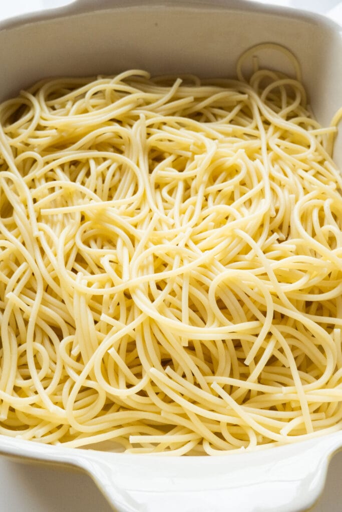 spaghetti in baking dish.