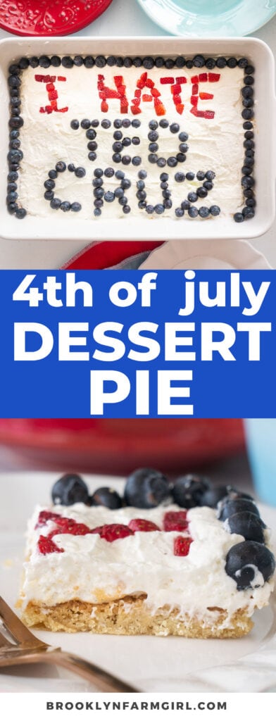 Easy to make 4th of July Dessert Pie, made with sugar cookie dough, cool-whip, cream cheese and fruit! Red, White, Blue and patriotically delicious!