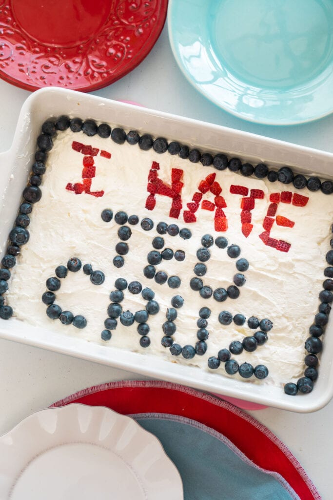 pie in baking dish with the words i hate ted cruz written with fruit pieces.