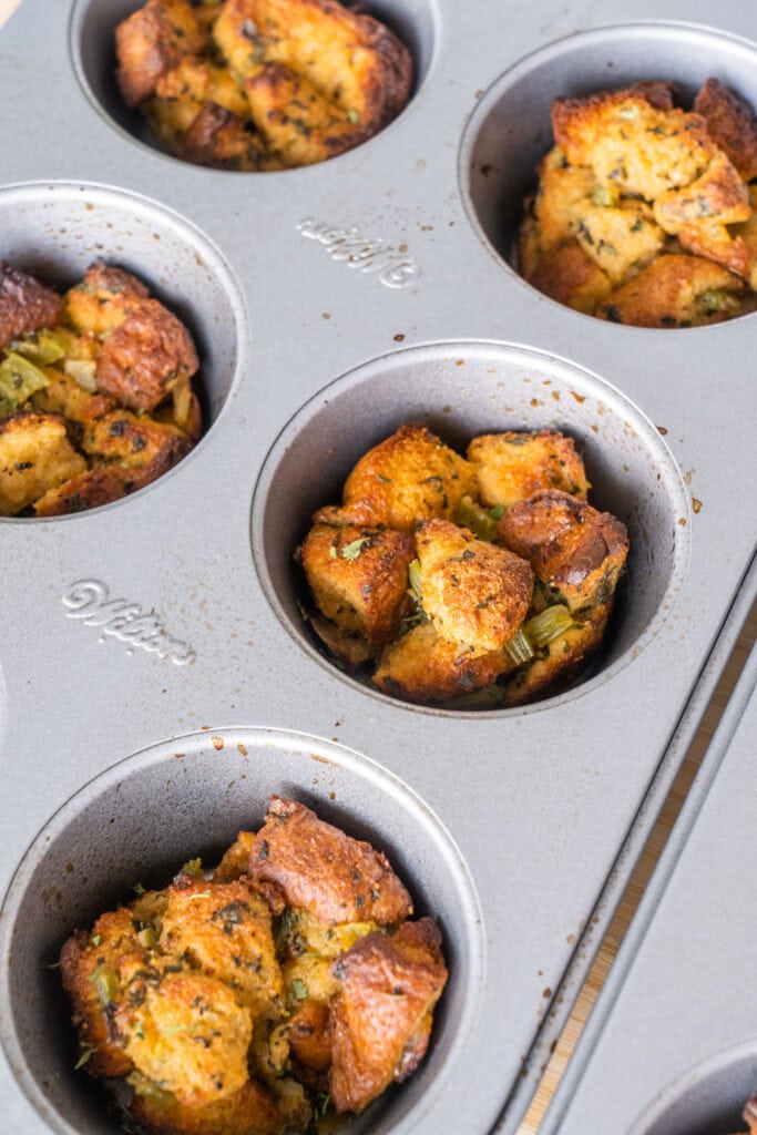 stuffing muffins baked in muffin pan.