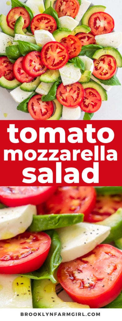 Simple and fresh tomato mozzarella salad with avocado.  This recipe uses olive oil (no balsamic vinegar) to make an easy Summer garden recipe.