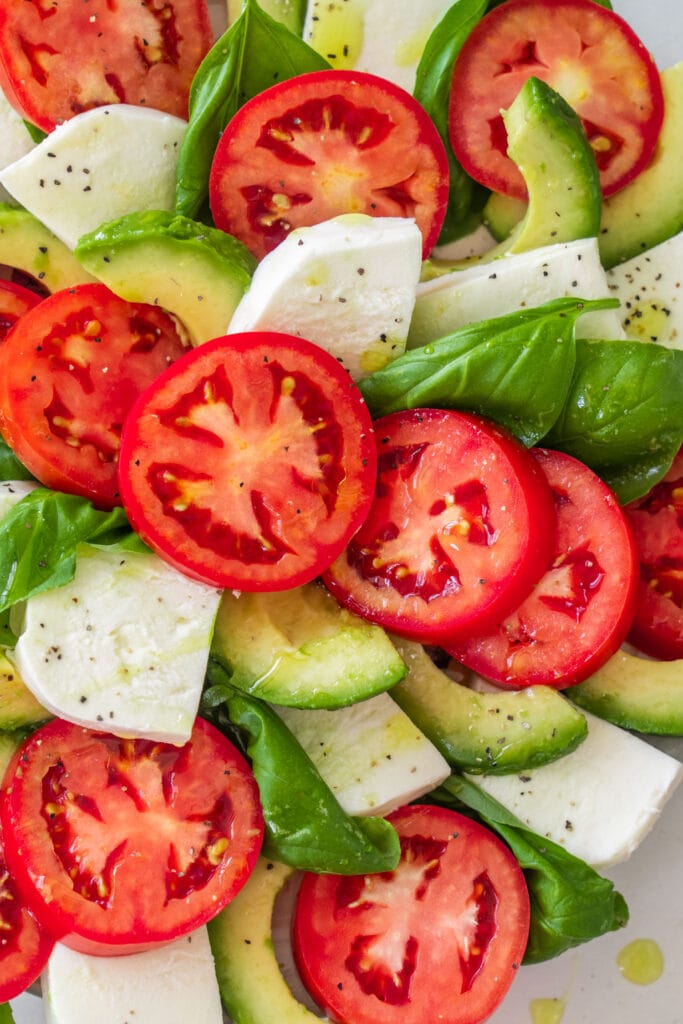 closeup of fresh tomato mozzarella salad with avocado. 