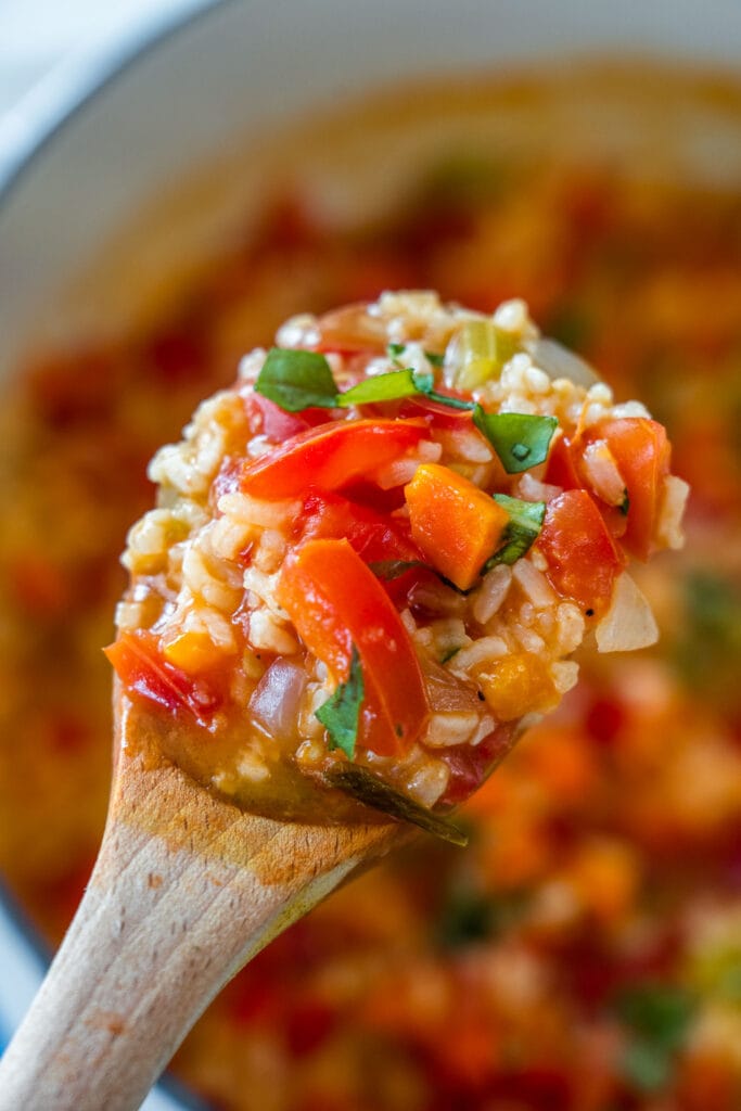 spoon holding tomato rice soup.