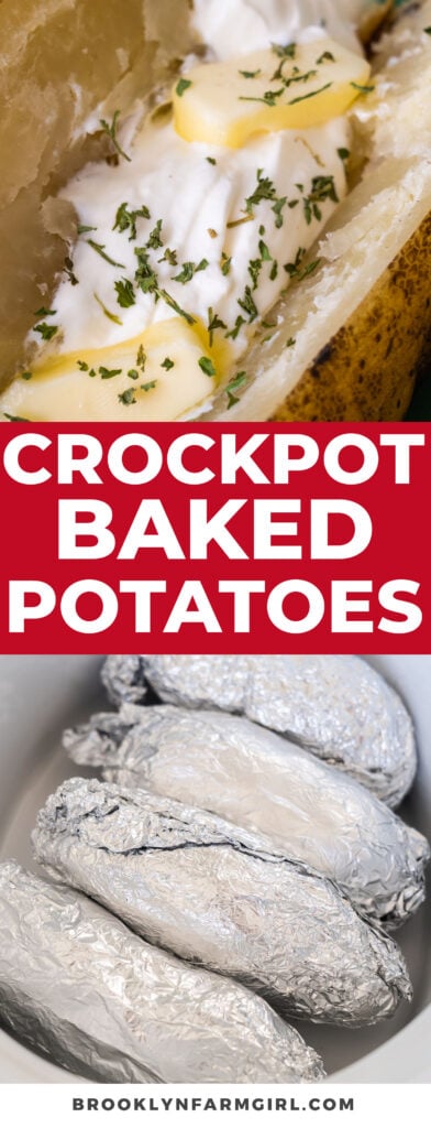 Easy to make baked potatoes made in the crockpot.  Wrap them in aluminum foil and cook for 5 hours for soft potatoes with crispy skins! These make the best baked potatoes!