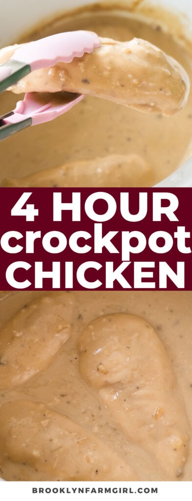 Easy 4 hour crockpot chicken recipe. All you need is chicken, cream of mushroom soup, onion soup mix and water. 