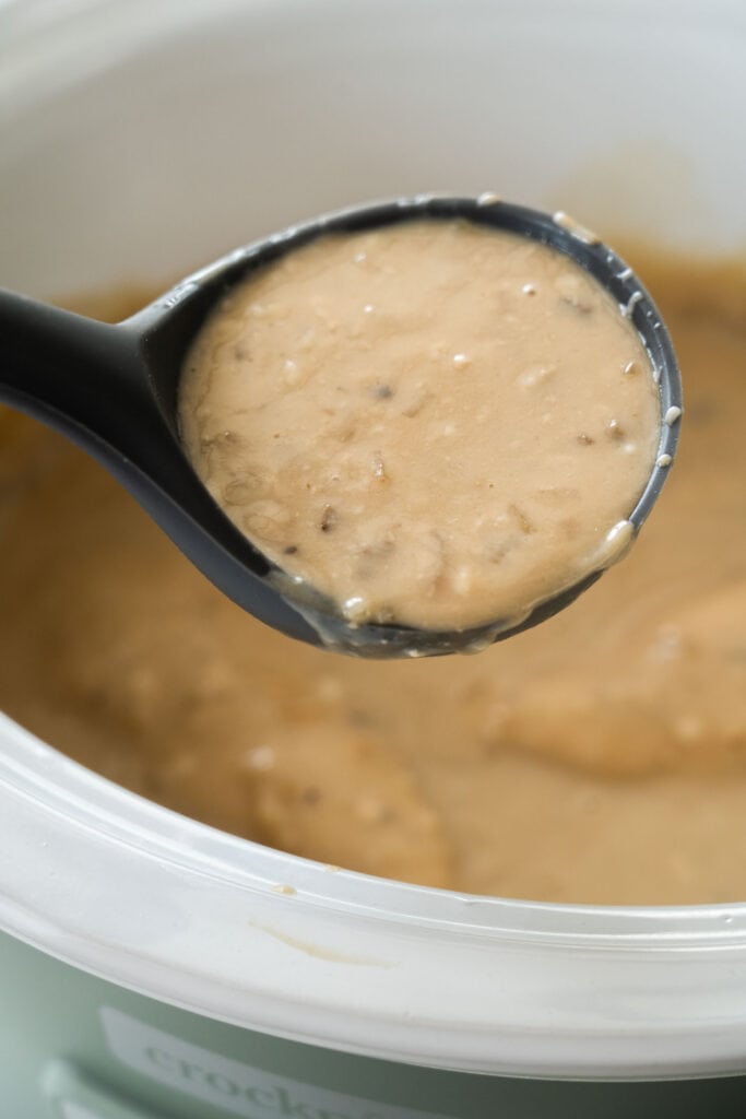 spoon filled with creamy gravy.
