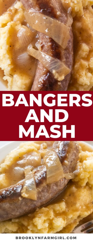 Homemade bangers and mash recipe with beef onion gravy. Brats sausages are served on creamy mashed potatoes with a simple gravy on top! Serve with peas, green beans or corn!