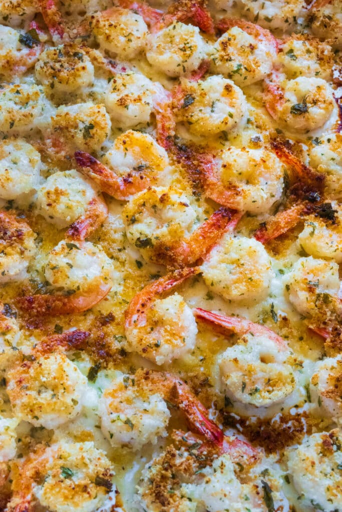 cheesy baked shrimp in baking dish.