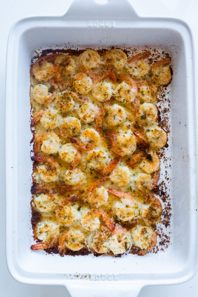 baked shrimp in baking dish.