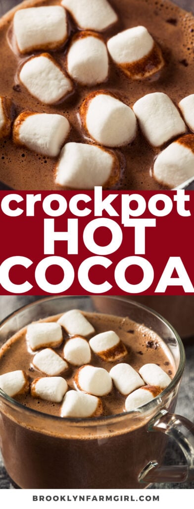 Easy to make crockpot hot chocolate. Add all the ingredients into the slow cooker to cook for 2 hours, go outside and play in the snow and come back in to rich creamy hot cocoa!