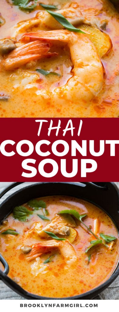 The best Thai Coconut Soup you can make at home! Easy to make with coconut milk, mushrooms, shrimp, and chicken broth! This tastes just like it's from a restaurant! Serve over basmati rice.