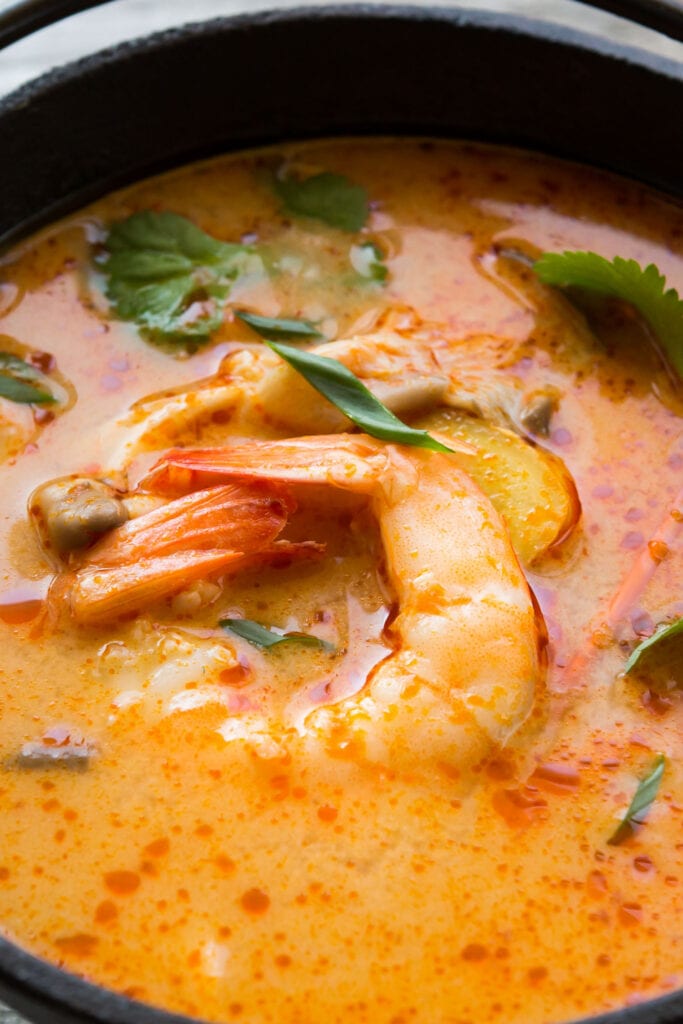 closeup of shrimp in coconut soup.