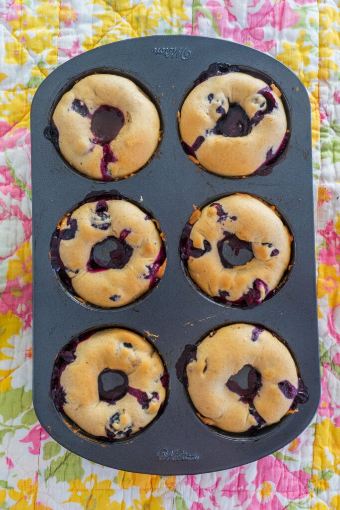 baked blueberry donuts  in pan.