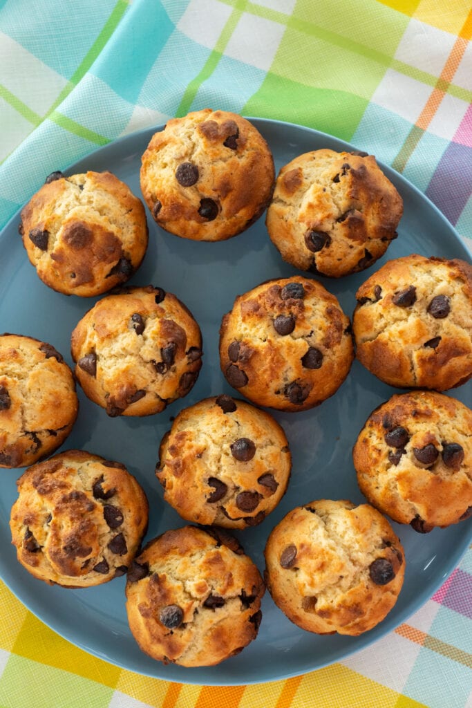 chocolate chip muffins on blue plate.