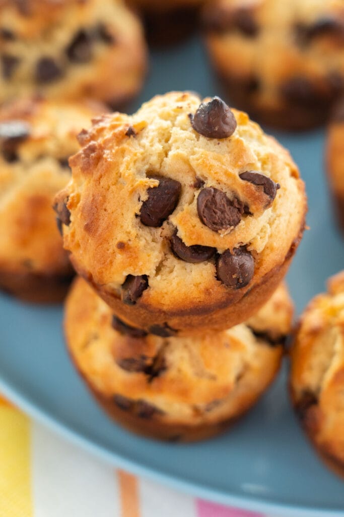 chocolate chip muffins stacked on top of each other.