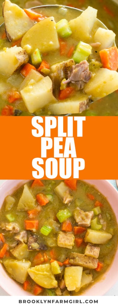 Homemade split pea and ham soup made with dried split peas, potatoes and carrots.  This hearty soup will remind you of your childhood!