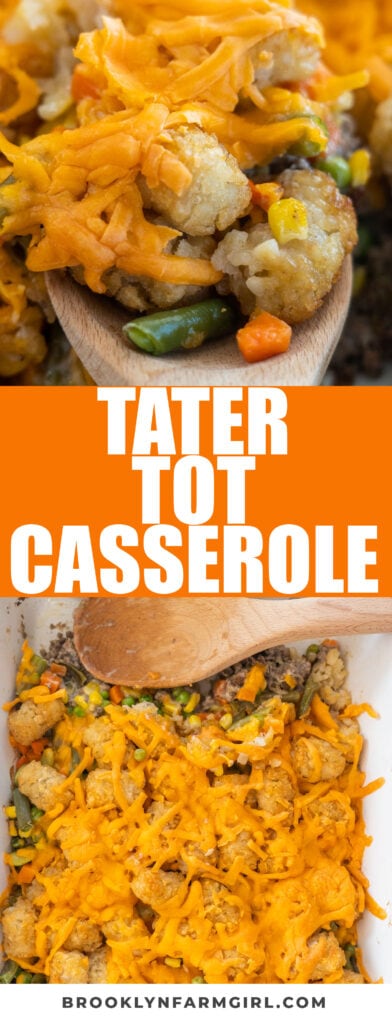 This cheesy tater tot casserole is made with ground beef, frozen tater tots, cheddar cheese and cream of mushroom soup. It’s the perfect comfort food that the whole family will love—even the picky eaters!