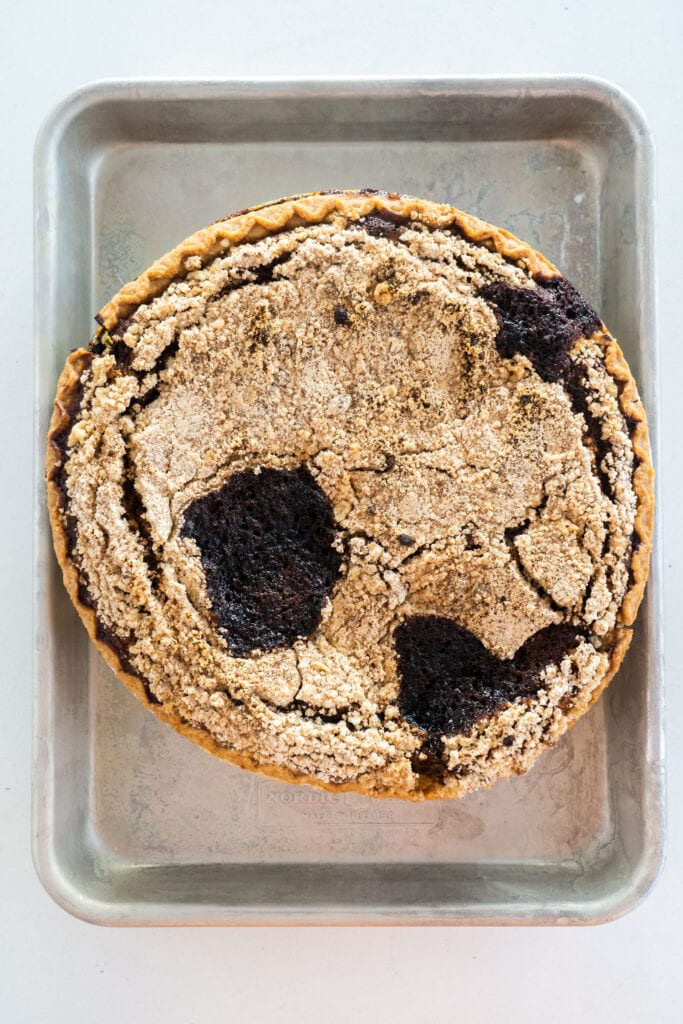 baked shoofly pie on cookie sheet.