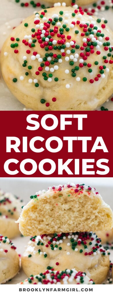 Super soft ricotta cookies, dipped in an icing glaze with sprinkles on top. These no chill sweet ricotta cookies are perfect for Christmas or any time!