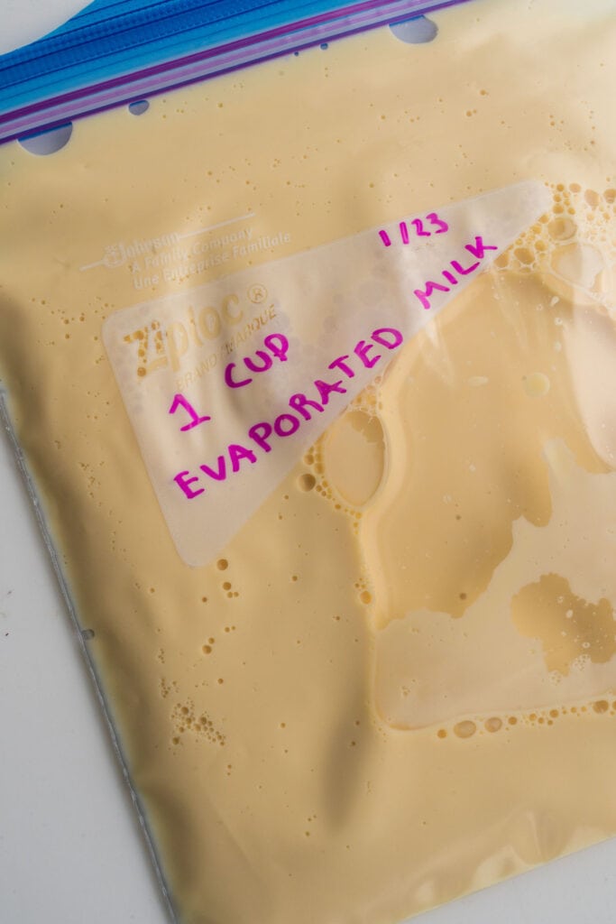closeup of freezer bag with evaporated milk in it.