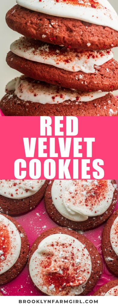 Soft and chewy red velvet cookies with thick frosting on top. These taste just like sugar cookies that melt in your mouth!