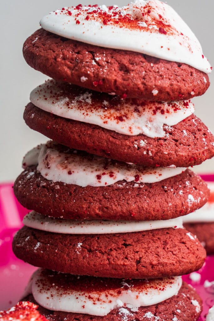 stack of red velvet cookies.